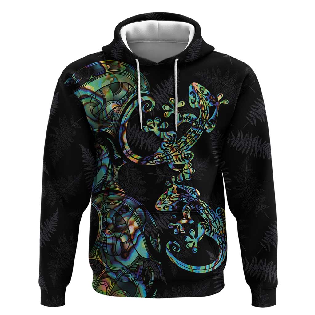 New Zealand Gecko Maori Art Tattoo Zip Hoodie Silver Fern and Paua Shell Mode LT03 Pullover Hoodie Black - Polynesian Pride