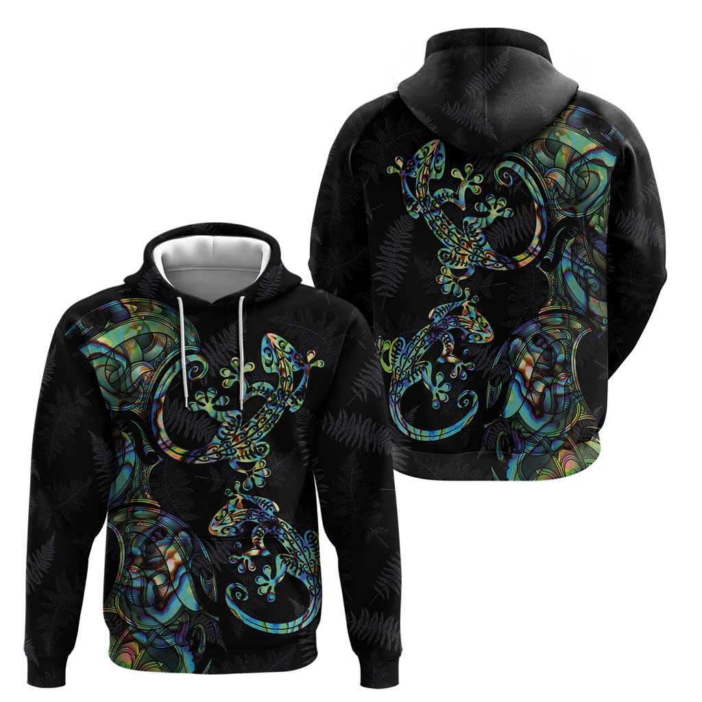New Zealand Gecko Maori Art Tattoo Zip Hoodie Silver Fern and Paua Shell Mode LT03 - Polynesian Pride