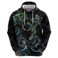 New Zealand Gecko Maori Art Tattoo Zip Hoodie Silver Fern and Paua Shell Mode LT03 - Polynesian Pride