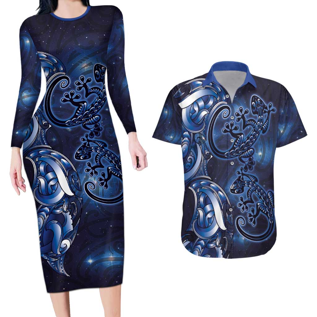 New Zealand Gecko Maori Art Tattoo Couples Matching Long Sleeve Bodycon Dress and Hawaiian Shirt Matariki Mode LT03 Blue - Polynesian Pride