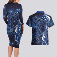 New Zealand Gecko Maori Art Tattoo Couples Matching Long Sleeve Bodycon Dress and Hawaiian Shirt Matariki Mode LT03 - Polynesian Pride