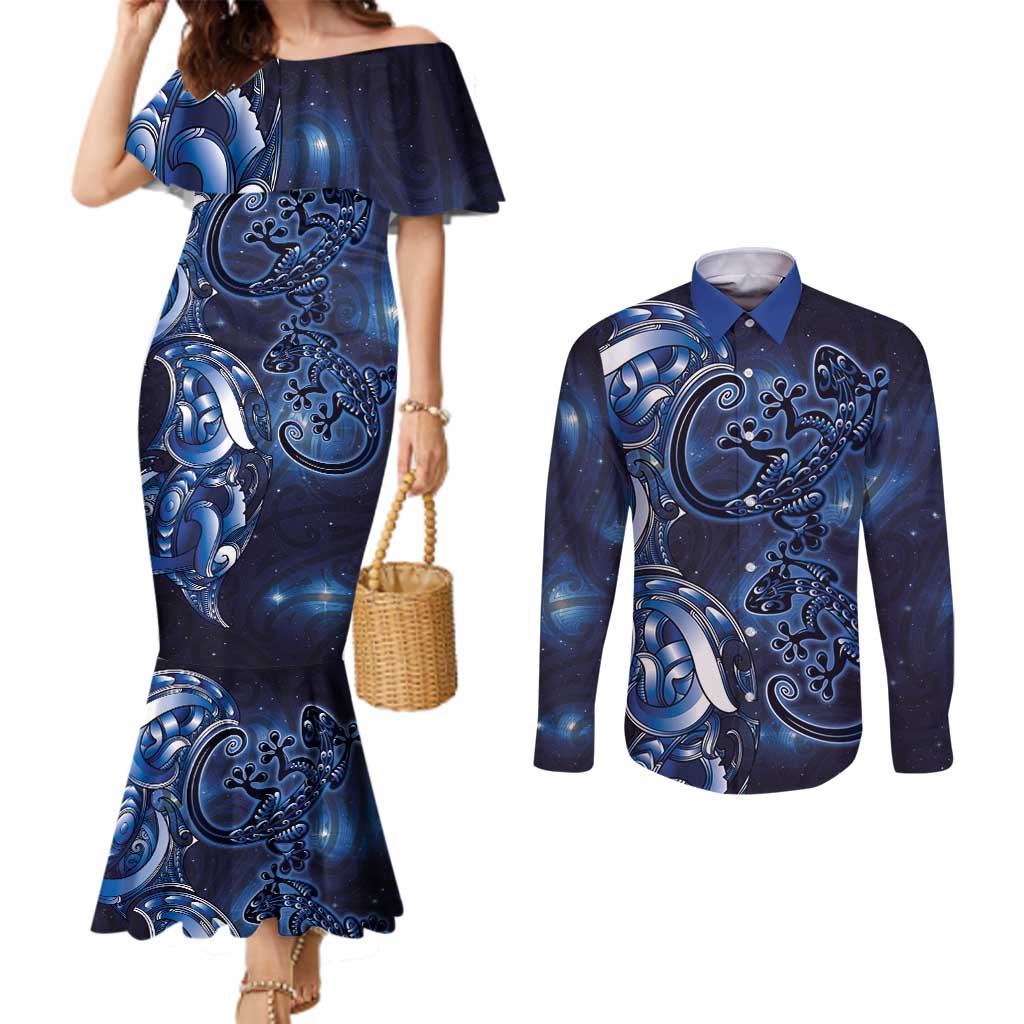 New Zealand Gecko Maori Art Tattoo Couples Matching Mermaid Dress and Long Sleeve Button Shirt Matariki Mode LT03 Blue - Polynesian Pride