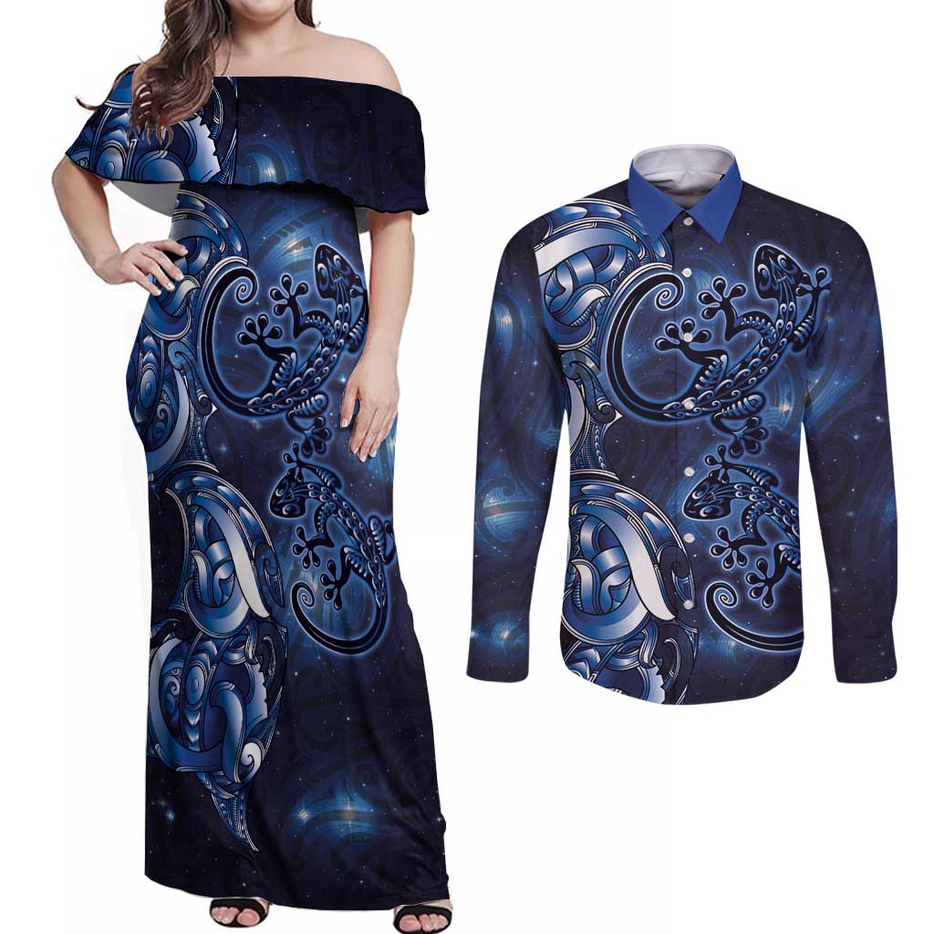 New Zealand Gecko Maori Art Tattoo Couples Matching Off Shoulder Maxi Dress and Long Sleeve Button Shirt Matariki Mode LT03 Blue - Polynesian Pride