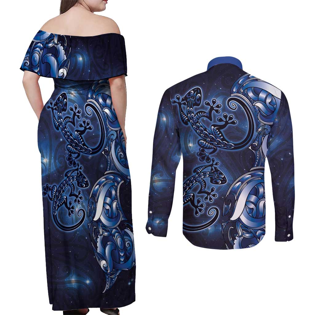 New Zealand Gecko Maori Art Tattoo Couples Matching Off Shoulder Maxi Dress and Long Sleeve Button Shirt Matariki Mode LT03 - Polynesian Pride