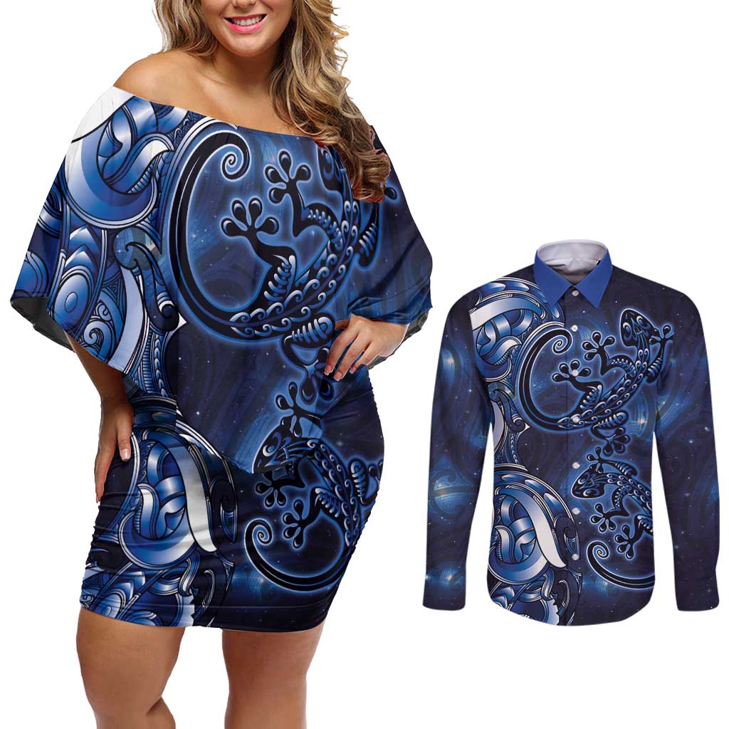 New Zealand Gecko Maori Art Tattoo Couples Matching Off Shoulder Short Dress and Long Sleeve Button Shirt Matariki Mode LT03 Blue - Polynesian Pride