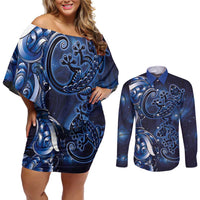 New Zealand Gecko Maori Art Tattoo Couples Matching Off Shoulder Short Dress and Long Sleeve Button Shirt Matariki Mode LT03 Blue - Polynesian Pride
