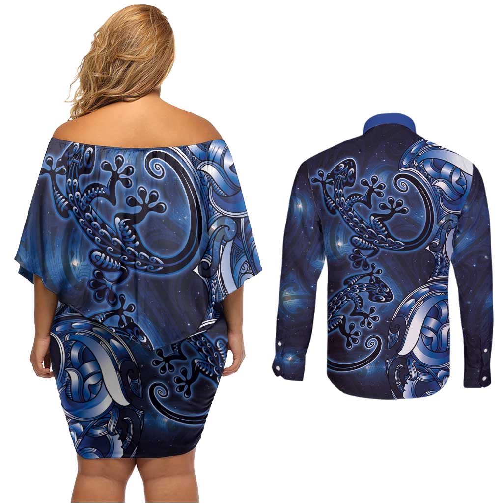 New Zealand Gecko Maori Art Tattoo Couples Matching Off Shoulder Short Dress and Long Sleeve Button Shirt Matariki Mode LT03 - Polynesian Pride