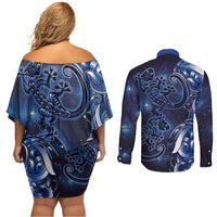 New Zealand Gecko Maori Art Tattoo Couples Matching Off Shoulder Short Dress and Long Sleeve Button Shirt Matariki Mode LT03 - Polynesian Pride