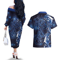 New Zealand Gecko Maori Art Tattoo Couples Matching Off The Shoulder Long Sleeve Dress and Hawaiian Shirt Matariki Mode LT03 - Polynesian Pride
