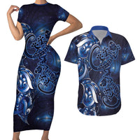 New Zealand Gecko Maori Art Tattoo Couples Matching Short Sleeve Bodycon Dress and Hawaiian Shirt Matariki Mode LT03 Blue - Polynesian Pride
