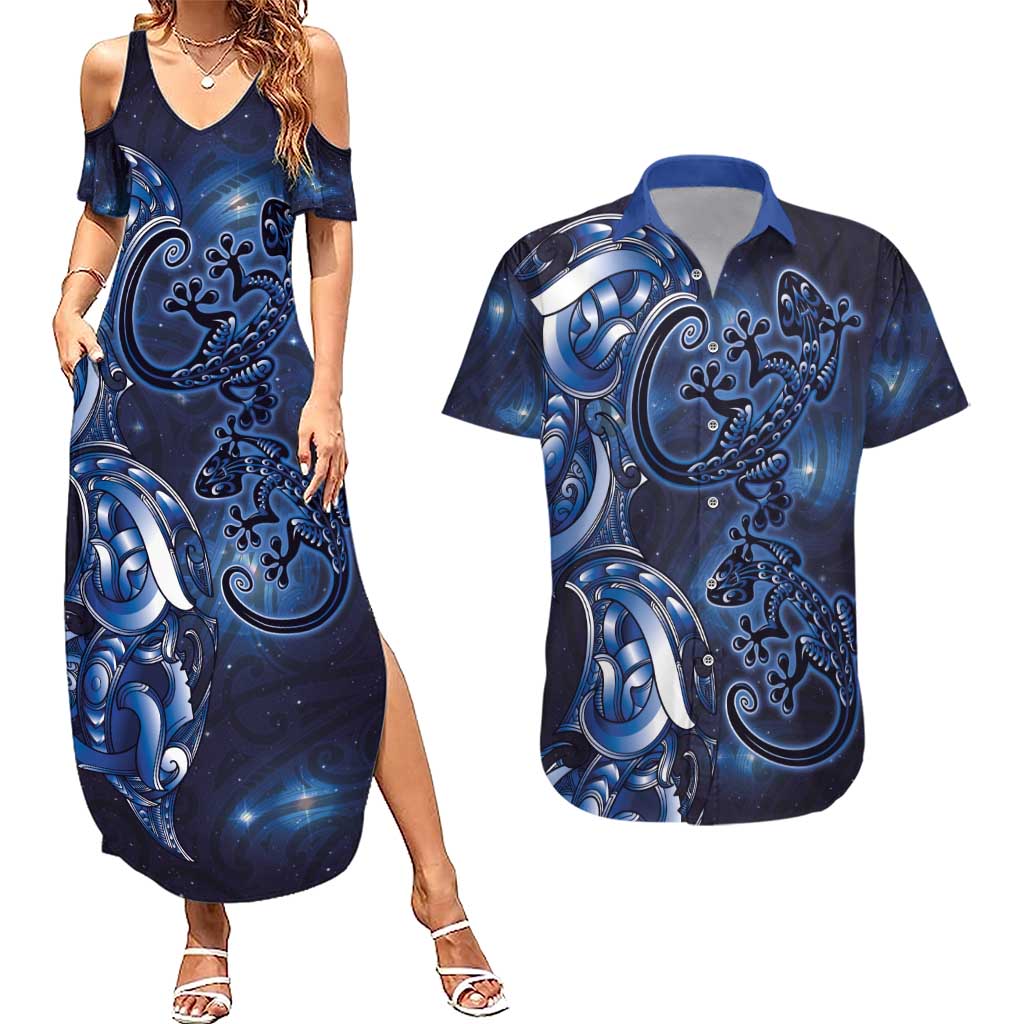 New Zealand Gecko Maori Art Tattoo Couples Matching Summer Maxi Dress and Hawaiian Shirt Matariki Mode