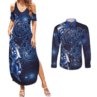 New Zealand Gecko Maori Art Tattoo Couples Matching Summer Maxi Dress and Long Sleeve Button Shirt Matariki Mode LT03 Blue - Polynesian Pride