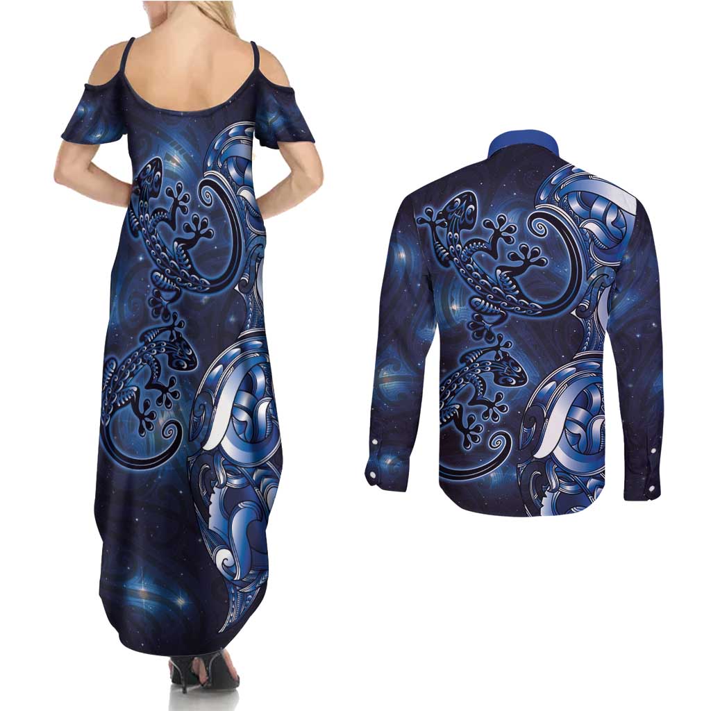 New Zealand Gecko Maori Art Tattoo Couples Matching Summer Maxi Dress and Long Sleeve Button Shirt Matariki Mode LT03 - Polynesian Pride