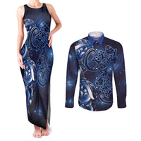 New Zealand Gecko Maori Art Tattoo Couples Matching Tank Maxi Dress and Long Sleeve Button Shirt Matariki Mode LT03 Blue - Polynesian Pride