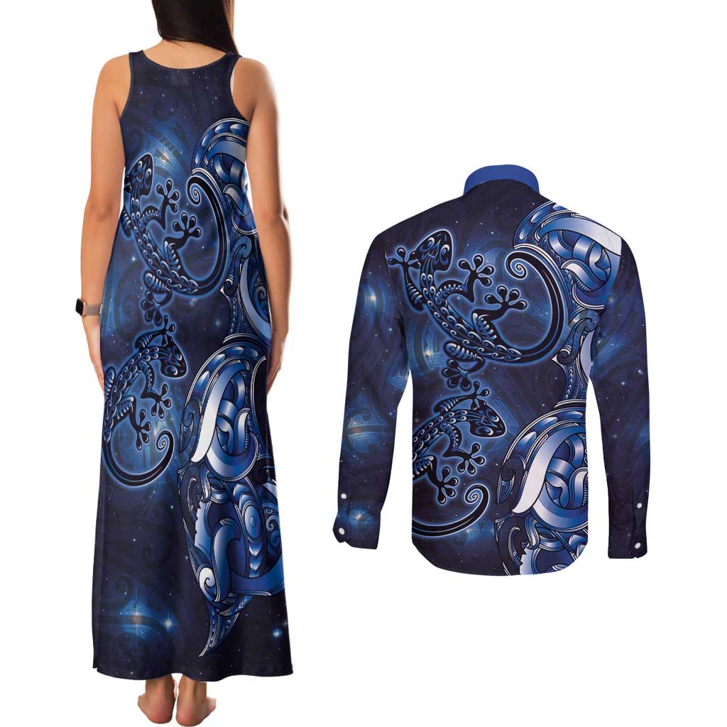 New Zealand Gecko Maori Art Tattoo Couples Matching Tank Maxi Dress and Long Sleeve Button Shirt Matariki Mode LT03 - Polynesian Pride