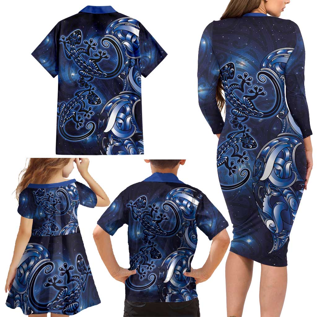 New Zealand Gecko Maori Art Tattoo Family Matching Long Sleeve Bodycon Dress and Hawaiian Shirt Matariki Mode LT03 - Polynesian Pride