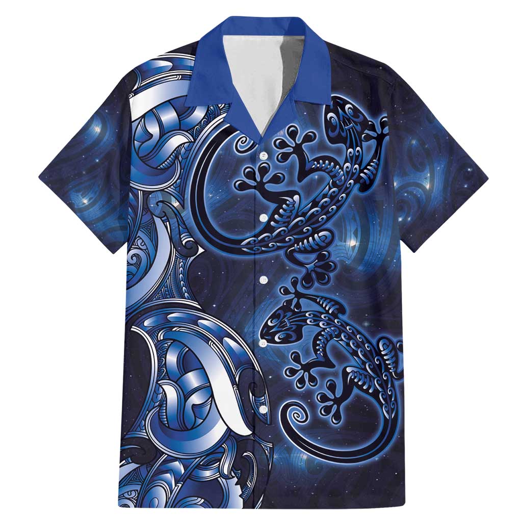 New Zealand Gecko Maori Art Tattoo Family Matching Mermaid Dress and Hawaiian Shirt Matariki Mode LT03 Dad's Shirt - Short Sleeve Blue - Polynesian Pride