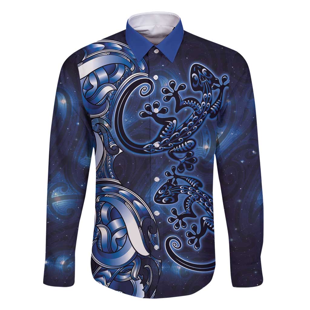 New Zealand Gecko Maori Art Tattoo Family Matching Mermaid Dress and Hawaiian Shirt Matariki Mode LT03 Dad's Shirt - Long Sleeve Blue - Polynesian Pride
