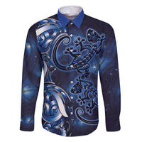 New Zealand Gecko Maori Art Tattoo Family Matching Mermaid Dress and Hawaiian Shirt Matariki Mode LT03 Dad's Shirt - Long Sleeve Blue - Polynesian Pride