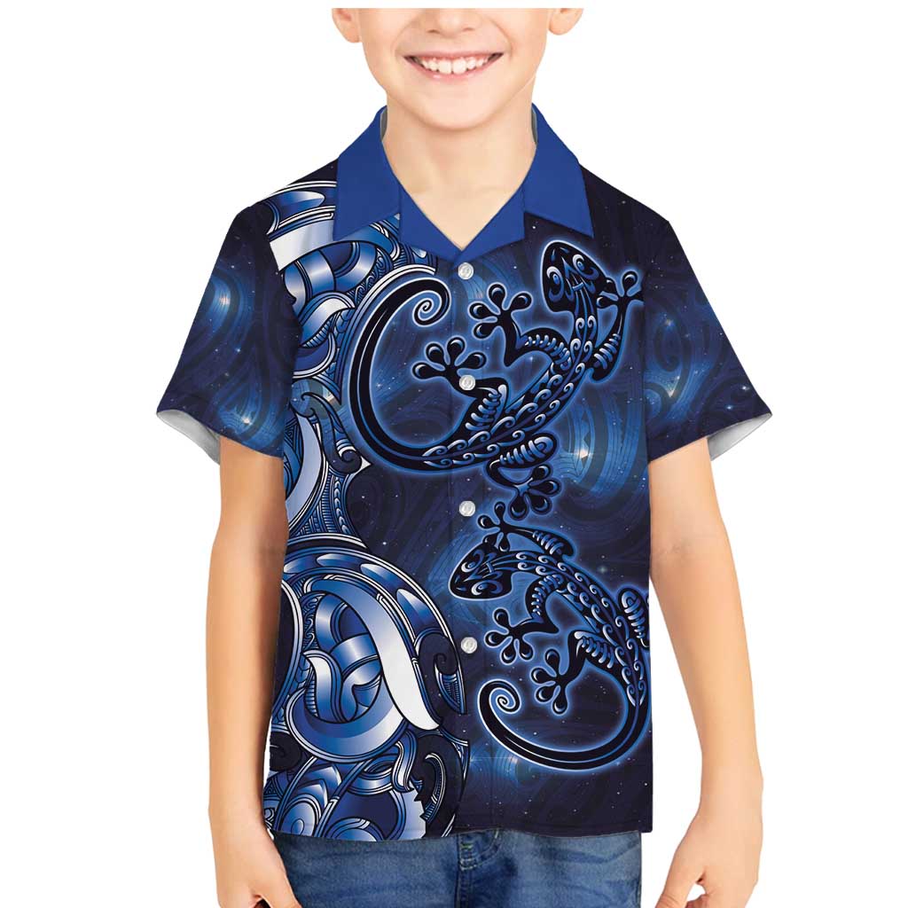 New Zealand Gecko Maori Art Tattoo Family Matching Mermaid Dress and Hawaiian Shirt Matariki Mode LT03 Son's Shirt Blue - Polynesian Pride