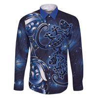 New Zealand Gecko Maori Art Tattoo Family Matching Off The Shoulder Long Sleeve Dress and Hawaiian Shirt Matariki Mode LT03 Dad's Shirt - Long Sleeve Blue - Polynesian Pride