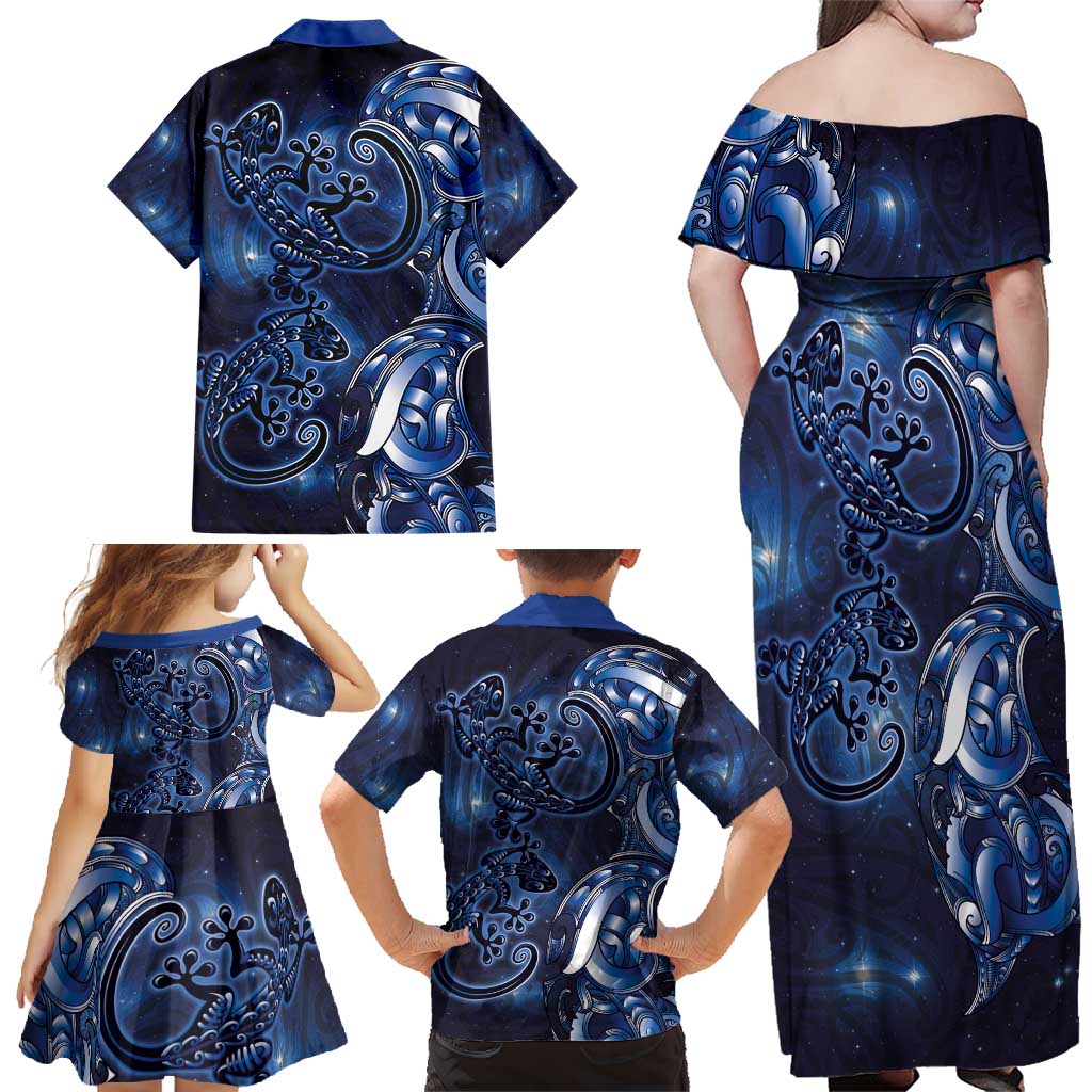 New Zealand Gecko Maori Art Tattoo Family Matching Off Shoulder Maxi Dress and Hawaiian Shirt Matariki Mode LT03 - Polynesian Pride