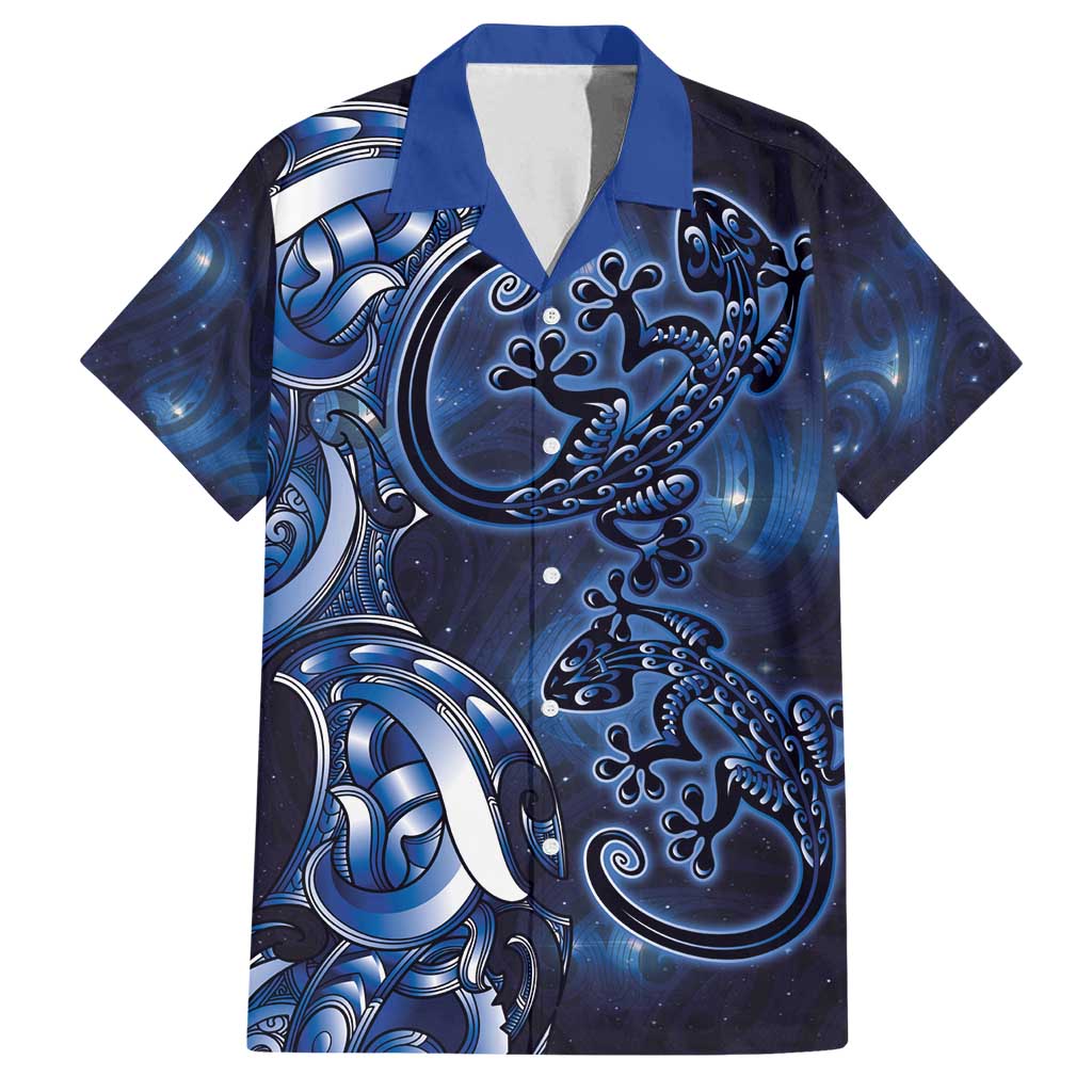 New Zealand Gecko Maori Art Tattoo Family Matching Off Shoulder Maxi Dress and Hawaiian Shirt Matariki Mode LT03 Dad's Shirt - Short Sleeve Blue - Polynesian Pride
