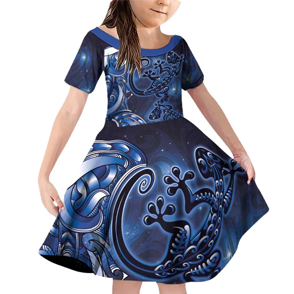 New Zealand Gecko Maori Art Tattoo Family Matching Off Shoulder Short Dress and Hawaiian Shirt Matariki Mode LT03 Daughter's Dress Blue - Polynesian Pride