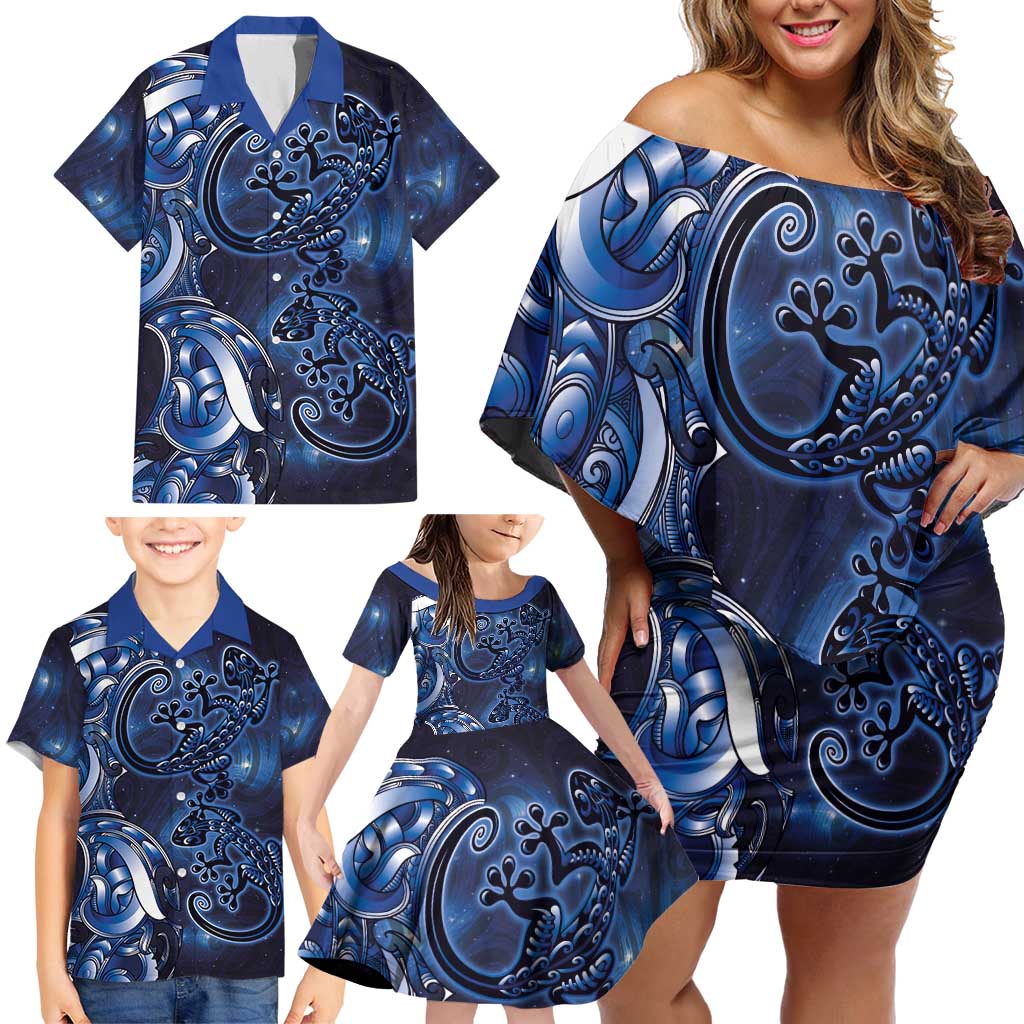 New Zealand Gecko Maori Art Tattoo Family Matching Off Shoulder Short Dress and Hawaiian Shirt Matariki Mode LT03 - Polynesian Pride