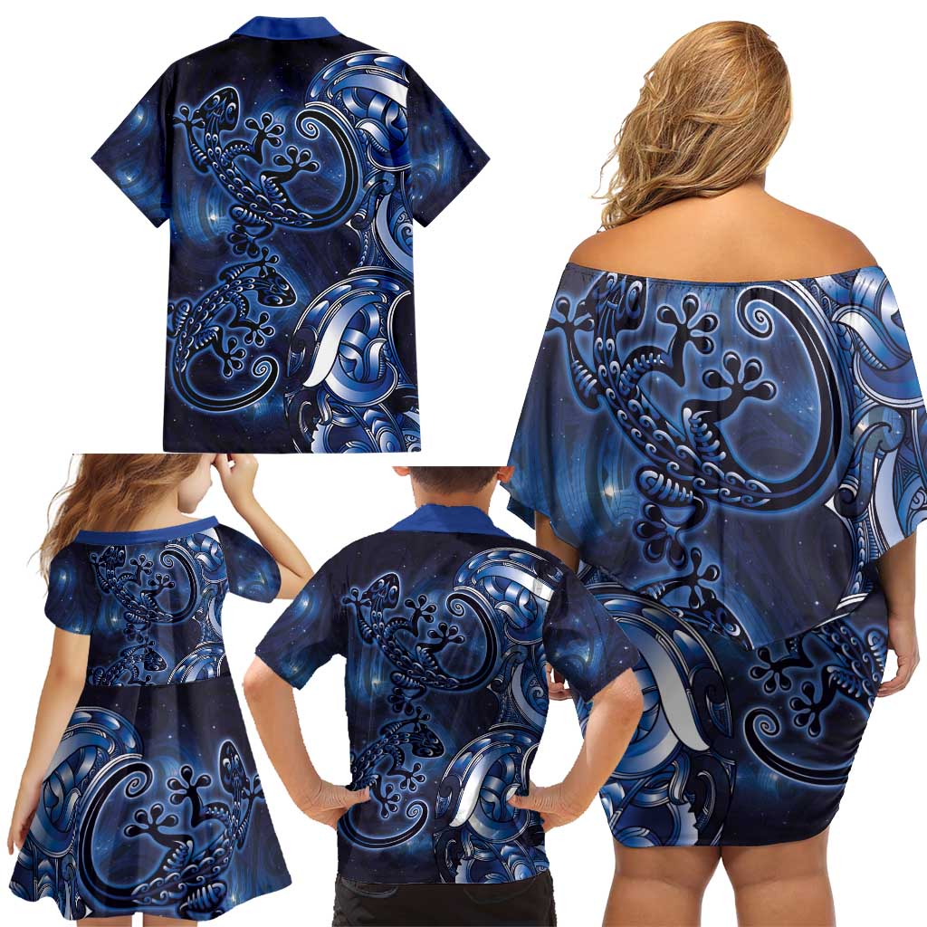 New Zealand Gecko Maori Art Tattoo Family Matching Off Shoulder Short Dress and Hawaiian Shirt Matariki Mode LT03 - Polynesian Pride