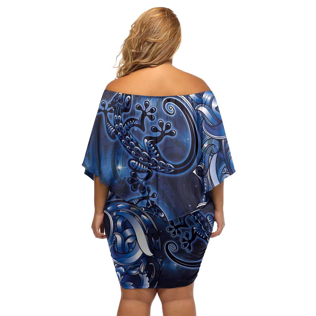 New Zealand Gecko Maori Art Tattoo Family Matching Off Shoulder Short Dress and Hawaiian Shirt Matariki Mode LT03 - Polynesian Pride