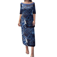 New Zealand Gecko Maori Art Tattoo Family Matching Puletasi and Hawaiian Shirt Matariki Mode LT03 Mom's Dress Blue - Polynesian Pride