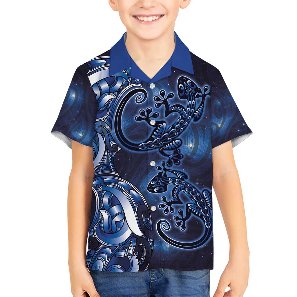 New Zealand Gecko Maori Art Tattoo Family Matching Puletasi and Hawaiian Shirt Matariki Mode LT03 Son's Shirt Blue - Polynesian Pride