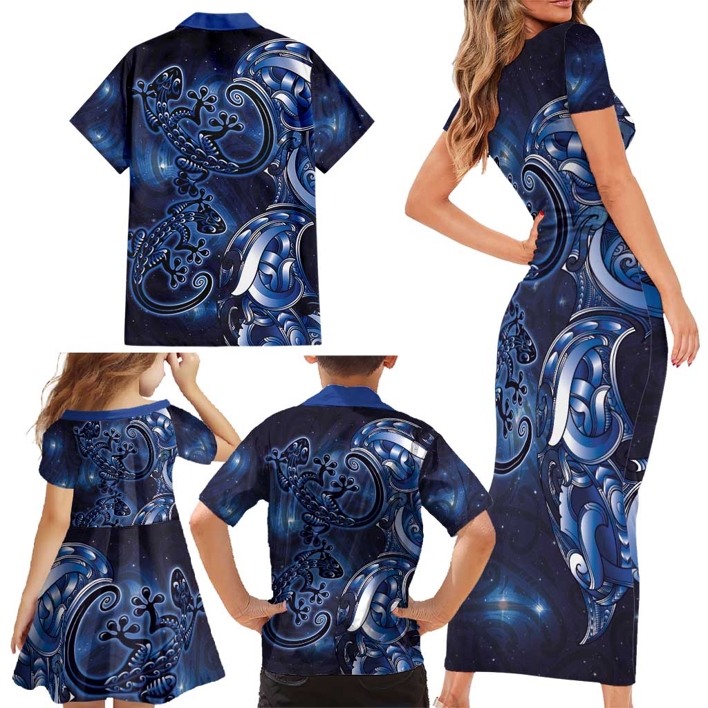New Zealand Gecko Maori Art Tattoo Family Matching Short Sleeve Bodycon Dress and Hawaiian Shirt Matariki Mode LT03 - Polynesian Pride