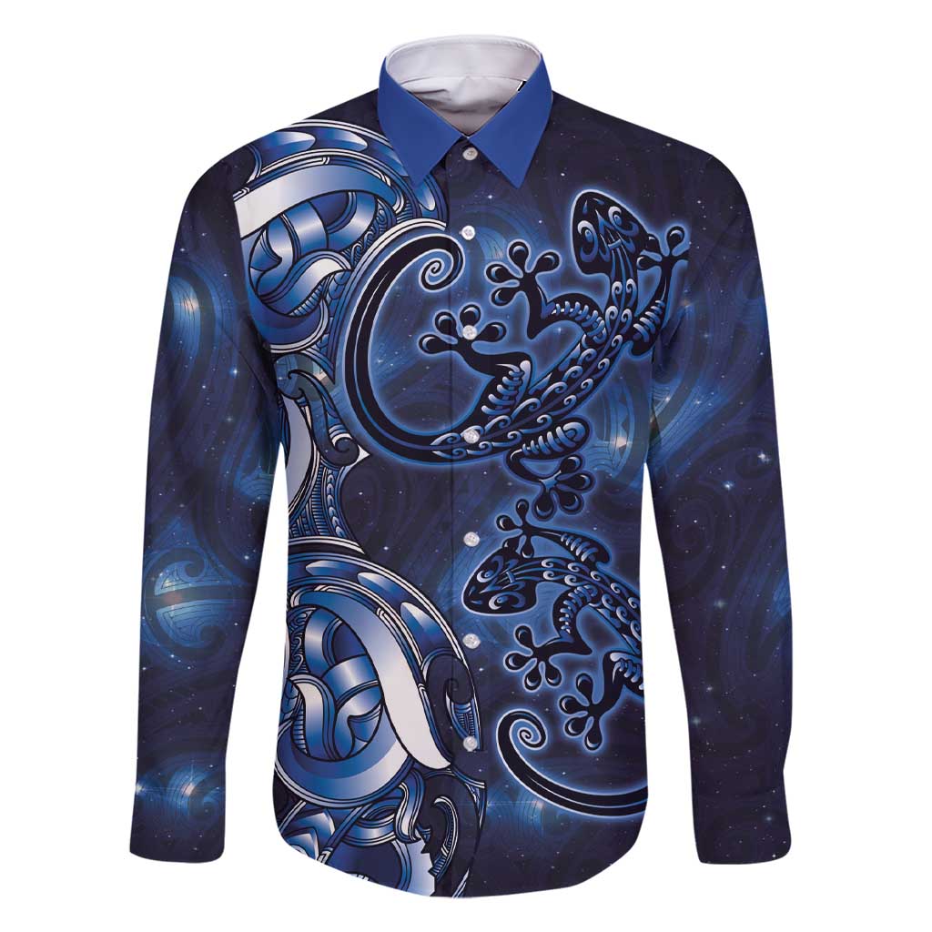 New Zealand Gecko Maori Art Tattoo Family Matching Short Sleeve Bodycon Dress and Hawaiian Shirt Matariki Mode LT03 Dad's Shirt - Long Sleeve Blue - Polynesian Pride