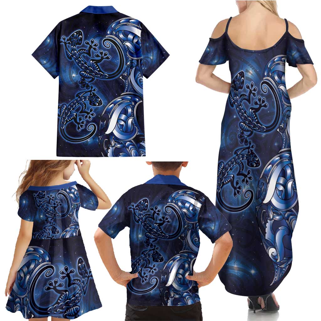 New Zealand Gecko Maori Art Tattoo Family Matching Summer Maxi Dress and Hawaiian Shirt Matariki Mode LT03 - Polynesian Pride