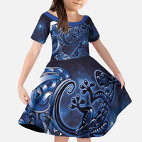 New Zealand Gecko Maori Art Tattoo Kid Short Sleeve Dress Matariki Mode LT03 KID Blue - Polynesian Pride