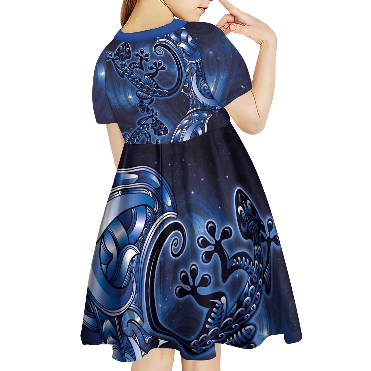 New Zealand Gecko Maori Art Tattoo Kid Short Sleeve Dress Matariki Mode LT03 - Polynesian Pride
