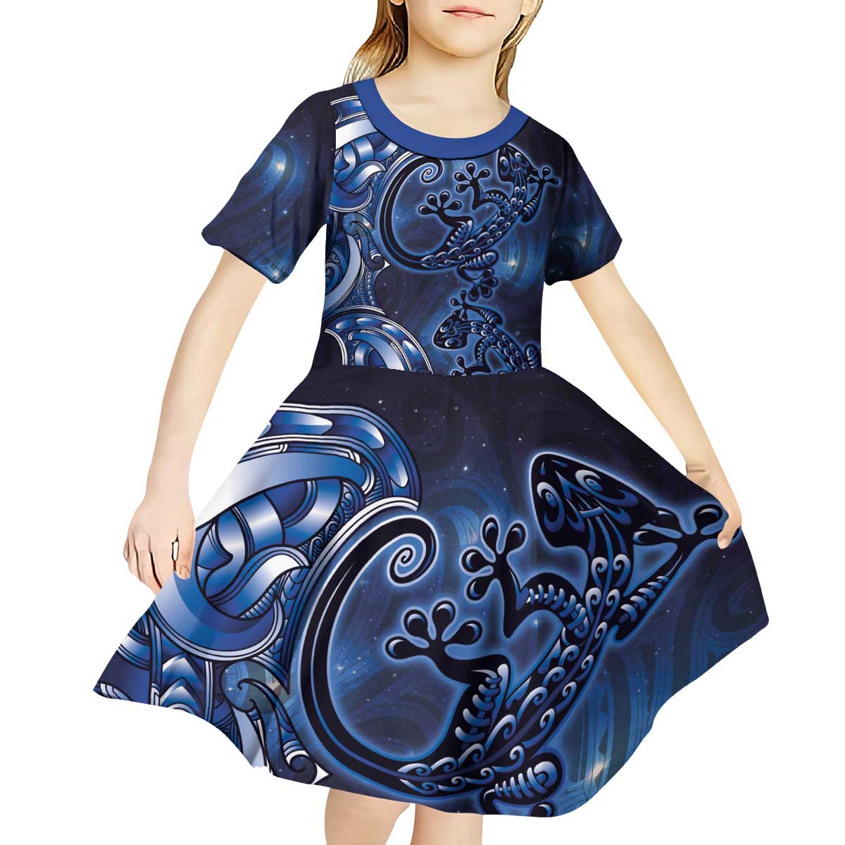 New Zealand Gecko Maori Art Tattoo Kid Short Sleeve Dress Matariki Mode LT03 - Polynesian Pride