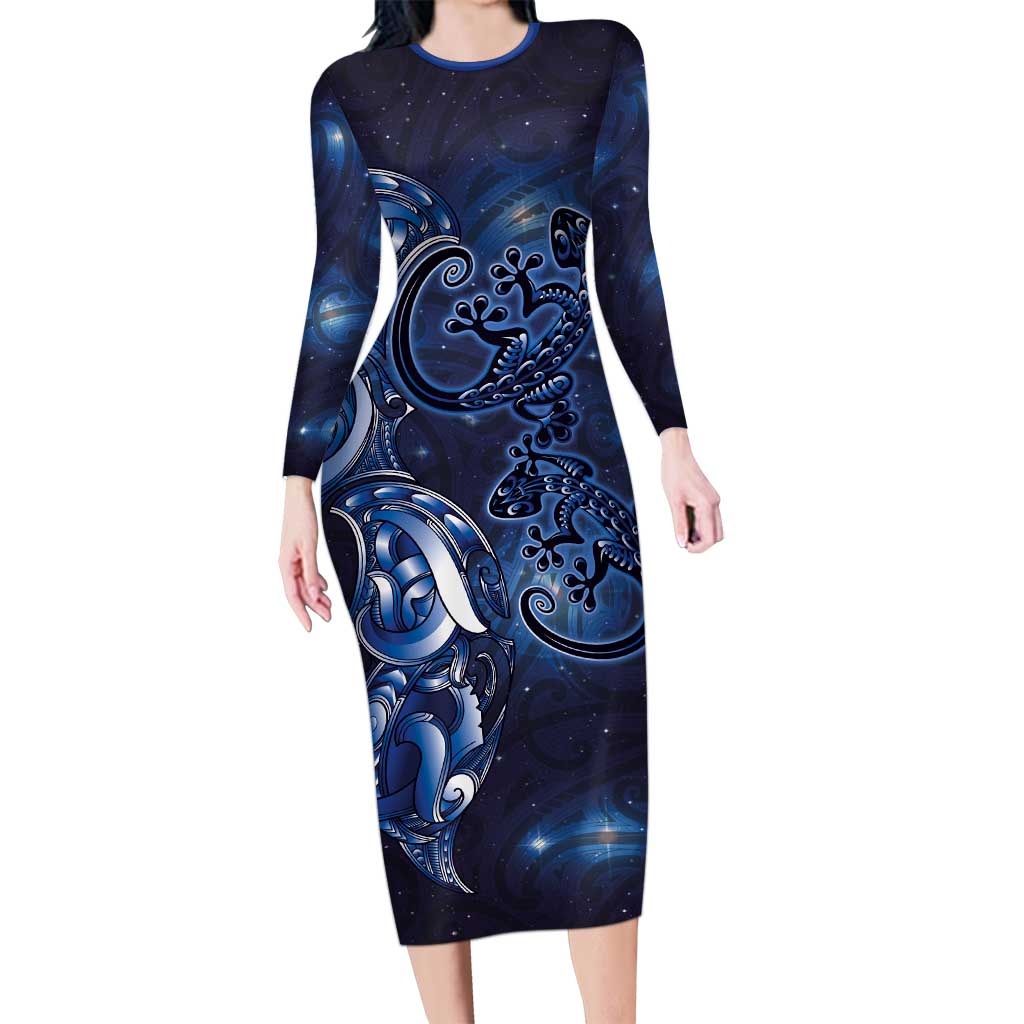 New Zealand Gecko Maori Art Tattoo Long Sleeve Bodycon Dress Matariki Mode LT03 Long Dress Blue - Polynesian Pride