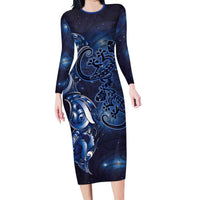 New Zealand Gecko Maori Art Tattoo Long Sleeve Bodycon Dress Matariki Mode LT03 Long Dress Blue - Polynesian Pride