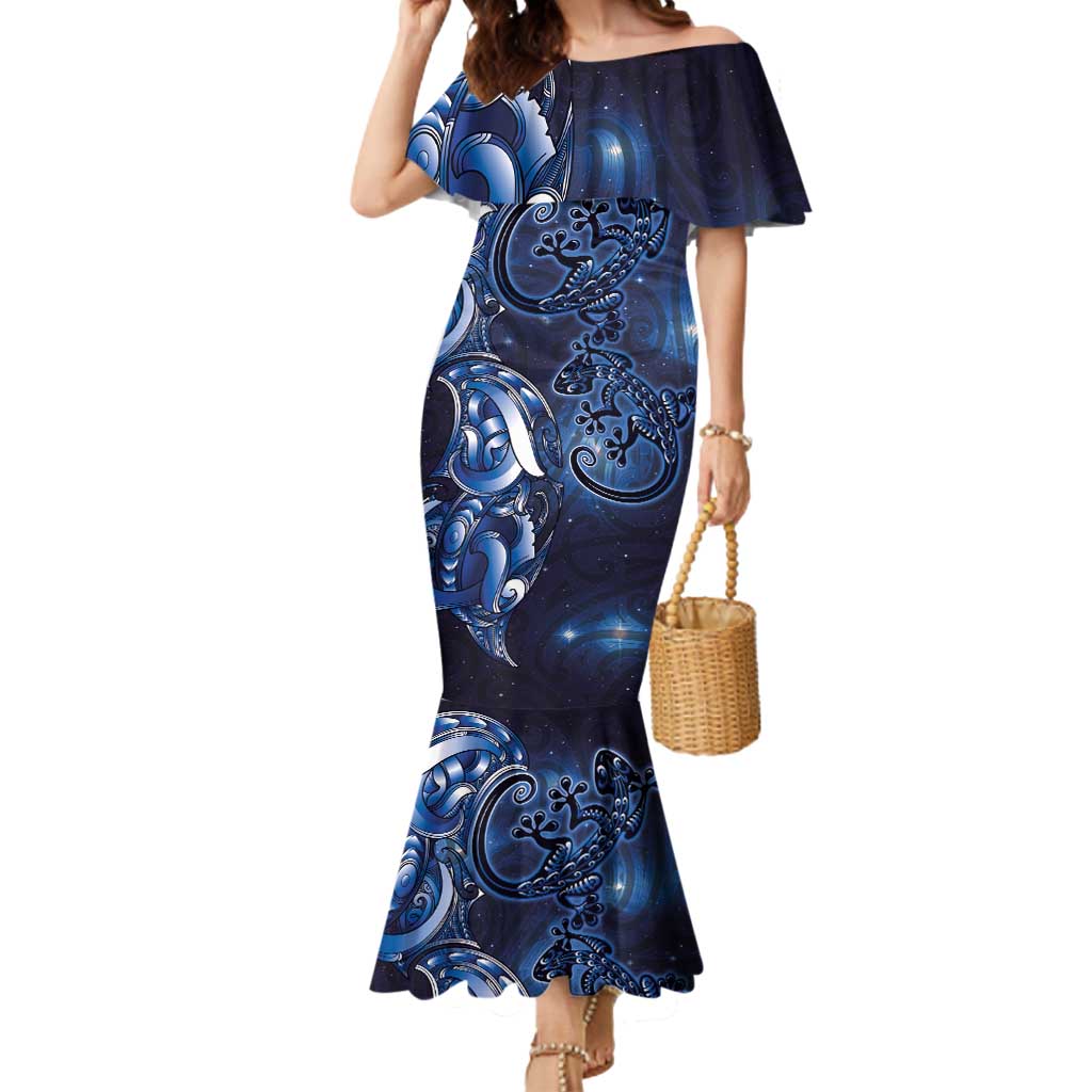 New Zealand Gecko Maori Art Tattoo Mermaid Dress Matariki Mode LT03 Women Blue - Polynesian Pride