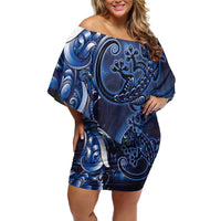 New Zealand Gecko Maori Art Tattoo Off Shoulder Short Dress Matariki Mode LT03 Women Blue - Polynesian Pride