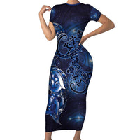New Zealand Gecko Maori Art Tattoo Short Sleeve Bodycon Dress Matariki Mode LT03 Long Dress Blue - Polynesian Pride