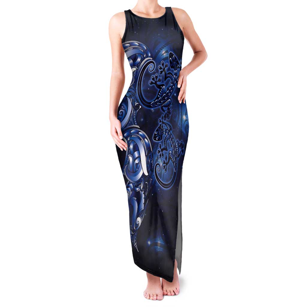 New Zealand Gecko Maori Art Tattoo Tank Maxi Dress Matariki Mode LT03 Women Blue - Polynesian Pride