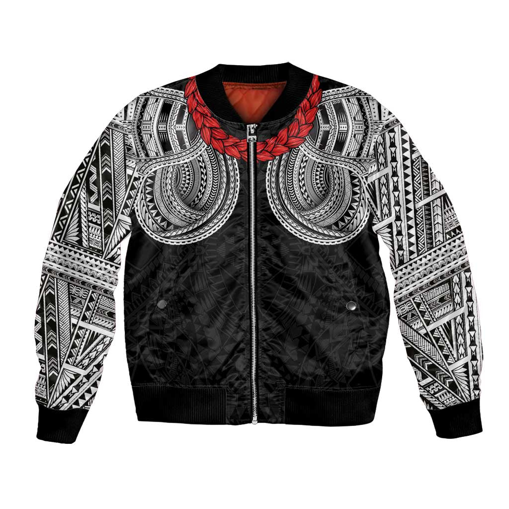 Samoan Traditional Art Tattoos Bomber Jacket Tatau Tribal Motifs with Ula Fala Black LT03 Unisex Black - Polynesian Pride