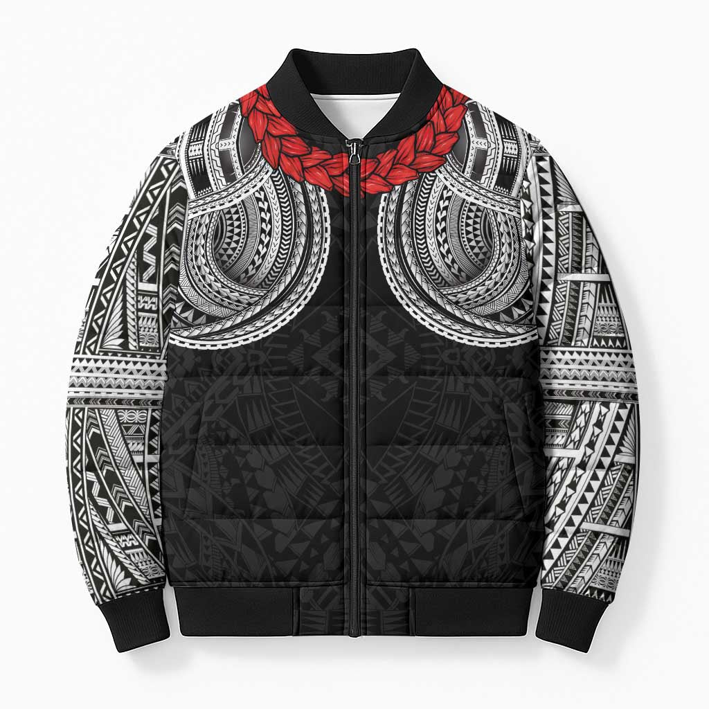 Samoan Traditional Art Tattoos Bomber Puffer Jacket Tatau Tribal Motifs with Ula Fala Black LT03 Unisex Black - Polynesian Pride