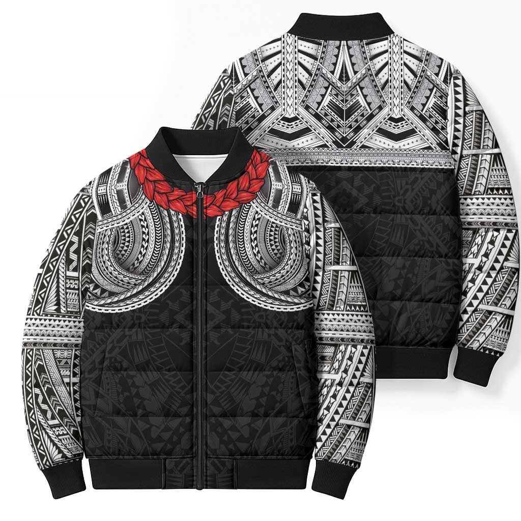 Samoan Traditional Art Tattoos Bomber Puffer Jacket Tatau Tribal Motifs with Ula Fala Black LT03 - Polynesian Pride