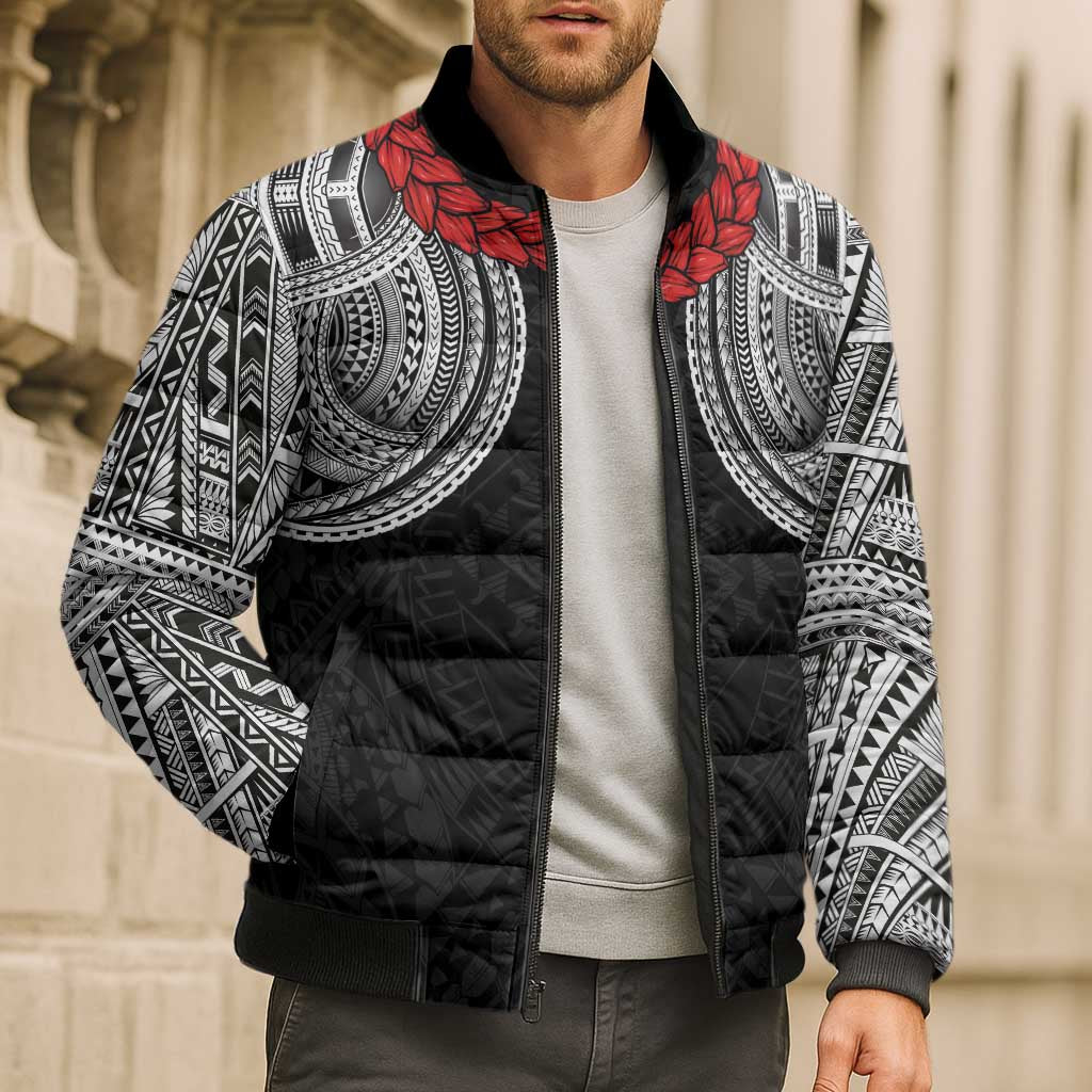 Samoan Traditional Art Tattoos Bomber Puffer Jacket Tatau Tribal Motifs with Ula Fala Black LT03 - Polynesian Pride