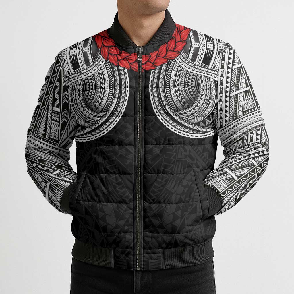 Samoan Traditional Art Tattoos Bomber Puffer Jacket Tatau Tribal Motifs with Ula Fala Black LT03 - Polynesian Pride